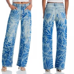 NWT Mother Denim The Lasso Sneak Jeans Pressed Leaves 29 Blue Painted Denim Jean